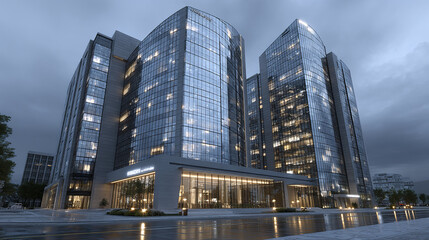 Modern office building exterior at dusk with glass facade reflecting cloudy sky and illuminated interior lights creating vibrant urban atmosphere