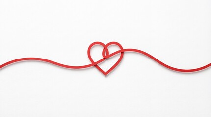 A minimalist red string tied into a heart shape in the center on a clean white background, symbolizing connection, commitment and enduring love