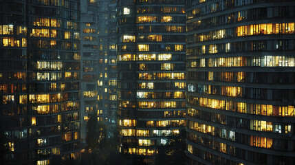 Modern apartment building at night with warm glowing lights in windows, creating cozy and lively urban atmosphere in city skyline
