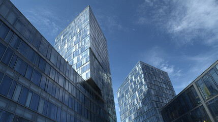 Modern glass office buildings reflect blue sky and clouds, showcasing sleek architecture with sharp angles and professional urban atmosphere