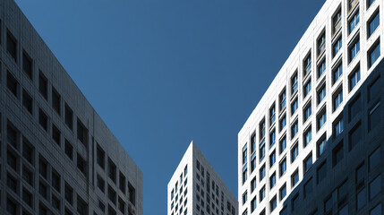 Modern office building exterior with white facade and numerous windows under clear blue sky, showcasing urban architecture and clean lines in bright daylight