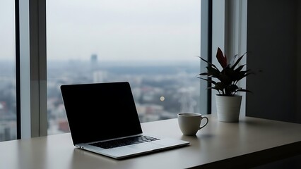 Fototapeta premium Laptop, coffee mug, and plant on a desk in front of a large window overlooking a city on a cloudy day.