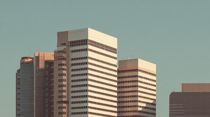Office building cluster with modern architecture under clear sky, featuring glass and concrete facades in soft sunlight, creating calm urban atmosphere
