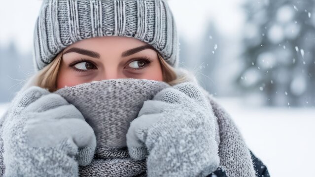 Young woman bundled in winter clothing, looking sideways in a snowy forest.