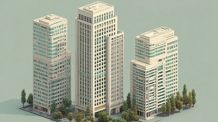 Modern office building complex with three tall structures surrounded by trees, showcasing urban architecture and cityscape in clean, detailed style