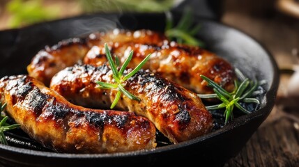 Four sausages are grilled and placed in a black skillet. Fresh herbs are sprinkled on top. The kitchen setting shows wooden elements and hints of green in the background.