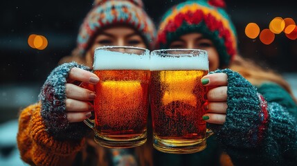 Two women in winter hats clinking beer mugs.