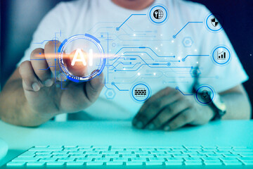 Man interacting with artificial intelligence, technology inputting commands to analyze data and build something. future technology changes.