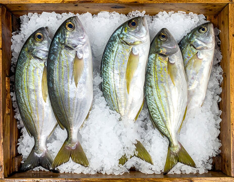 Top View of Fresh Rabbitfish or Ikan Baronang in Wooden Crate Fish Market