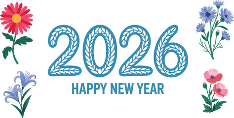 Happy New Year 2026 decorative blue typography with woven patterns and colorful spring floral arrangements for festive holiday greeting cards