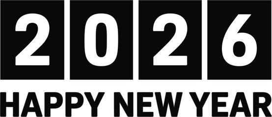 Happy New Year 2026 minimalist black and white typography design with bold numbers and countdown calendar style layout © MDRONI