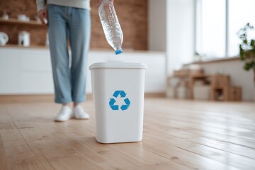 Person recycling a plastic bottle in a modern room during the day in a house setting