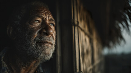 Old man with gray beard looking thoughtfully out of window in dimly lit rustic setting, showing deep emotion and wisdom in his expression