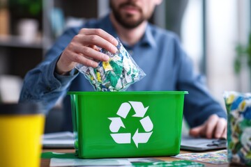 Person places plastic waste into recycling bin at office desk during workday