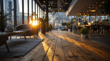 Sunlight shining through large windows onto wooden floor in modern office with cozy seating and plants creating warm atmosphere
