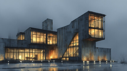 Modern concrete building with large glass windows glowing warmly in foggy evening, showcasing unique architectural design and illuminated interior spaces