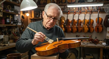 Elderly master luthier varnishing a handmade violin in his workshop.