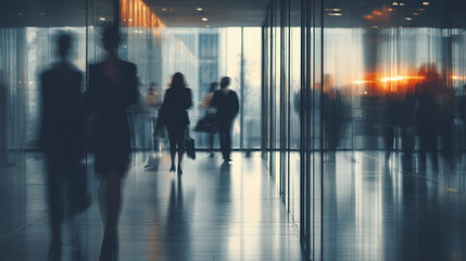 Blurred business people walking in modern office corridor with glass walls reflecting light and silhouettes, creating dynamic and busy atmosphere in corporate environment