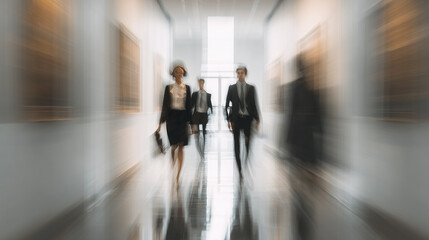 Businesswoman walking in office corridor with colleagues, blurred motion effect creates dynamic and energetic atmosphere in modern workplace environment