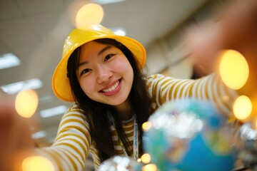 Smiling young woman interacts with globe while wearing yellow hat among decorative lights in indoor setting