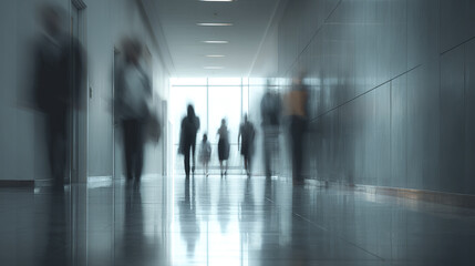 Blurred people walking in modern office corridor with reflective floor and bright natural light creating calm and professional atmosphere