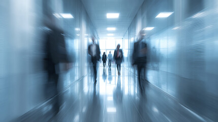 Blurred business people walking in modern office corridor with reflective floor and bright ceiling lights, creating dynamic and professional atmosphere
