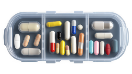 Assortment of colorful pharmaceutical capsules and tablets neatly organized within a transparent plastic weekly pill dispenser container