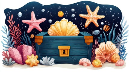 Underwater treasure chest with seashells, starfish, and coral.