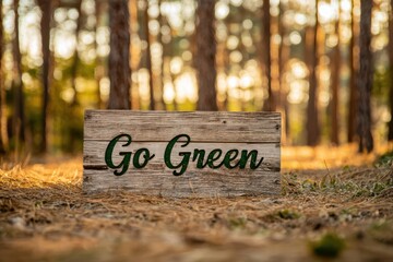 Wooden sign with message encouraging action to protect nature at sunset in forest area