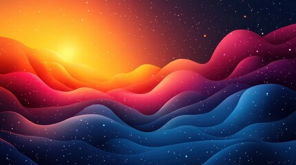 Vibrant abstract landscape with colorful waves and cosmic elements.
