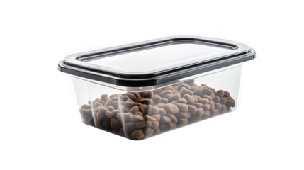 Clear rectangular food storage container featuring dry brown kibble securely sealed with a black rimmed plastic lid on a stark black background