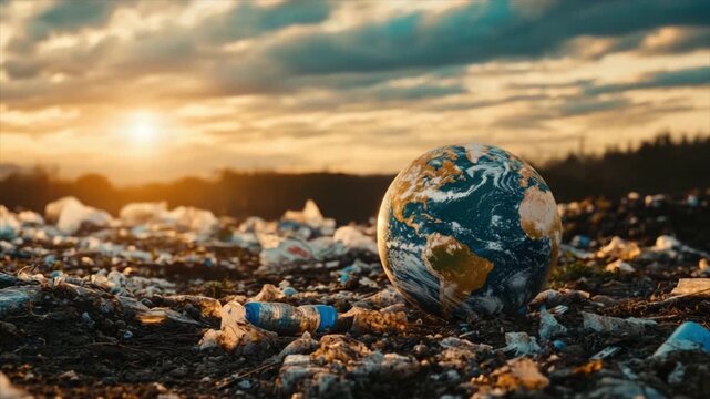 Earth globe in a landfill of plastic waste and garbage against blue sky. Environmental pollution ecology concept