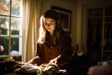 Young person sorts clothes at home during afternoon light by window