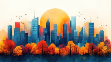 Vibrant autumn cityscape at sunset, stylized illustration.