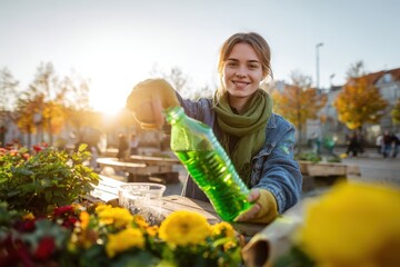 Young person waters flowers in a city garden during sunset with bright colors in the background