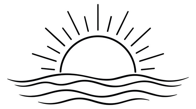 Hand drawn line art illustration of sun and waves depicting a sunrise or sunset for summer travel designs