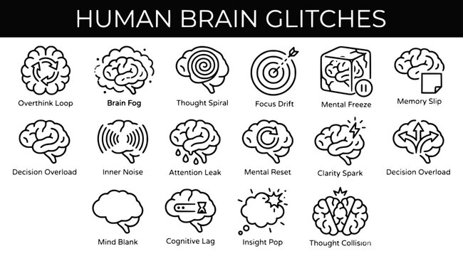 Human brain glitches icon set representing cognitive issues like brain fog, memory slip, and overthinking. Minimalist black line vector symbols for mental health and psychology concepts.