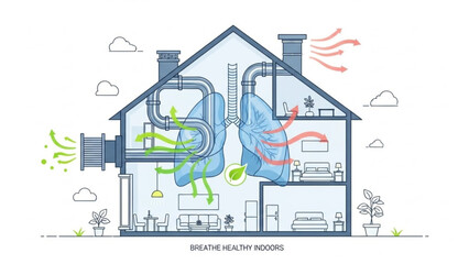 House with ventilation system diagram showing airflow and healthy indoor air quality