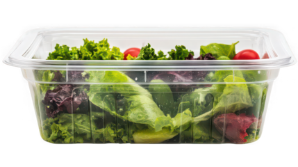 Fresh mixed greens salad with vibrant red cherry tomatoes sealed inside a clear plastic clamshell container ready for convenient consumption or grocery purchase