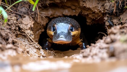 Obraz premium Platypus Emerging from Burrow on Muddy Riverbank