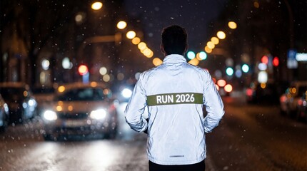 Reflective Running Jacket "Run 2026" at Night | Winter City Safety Gear Concept | Urban Bokeh Nightlife Fitness Stock Photo