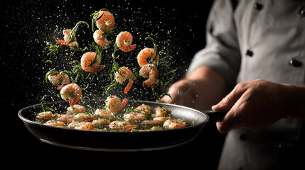 A chef skillfully tosses shrimp in a pan, showcasing culinary expertise and vibrant flavors in a dramatic kitchen setting.