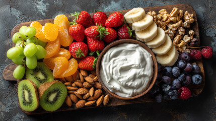 A colorful array of fresh fruits and yogurt, perfect for a healthy snack or dessert option.