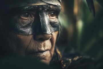 Elder wearing face paint looks out from the jungle in a dense green landscape during the afternoon light