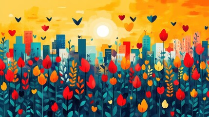Vibrant cityscape sunrise with blooming flowers and birds.