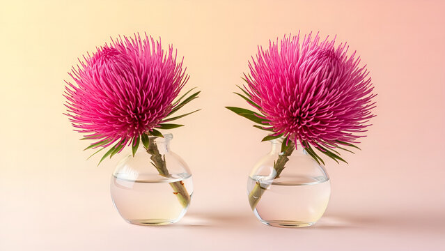 Two vibrant pink globe flowers in clear glass vases set against a soft yellow and peach gradient studio background.