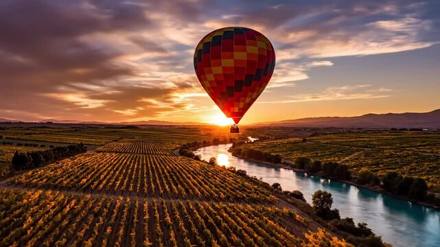 4K time lapse of a vibrant hot air balloon floats gracefully above a lush vineyard at sunset, casting long shadows over golden vines. Warm colors & peaceful ambiance create a dreamy, romantic scene