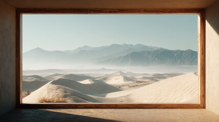 A serene desert view framed by a wooden window, showcasing rolling dunes and distant mountains under a clear sky.