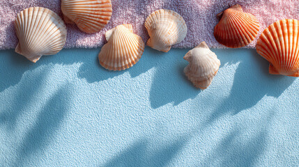 A serene display of colorful seashells arranged on soft fabric against a light blue background.