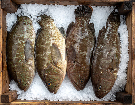 Fresh Grouper Fish on Ice in Wooden Crate at Traditional Market